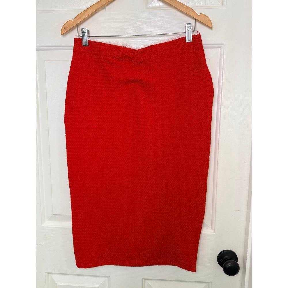 Madden NYC Red Textured Midi Pencil Skirt M White Lace Trim Coquette Y2K anime